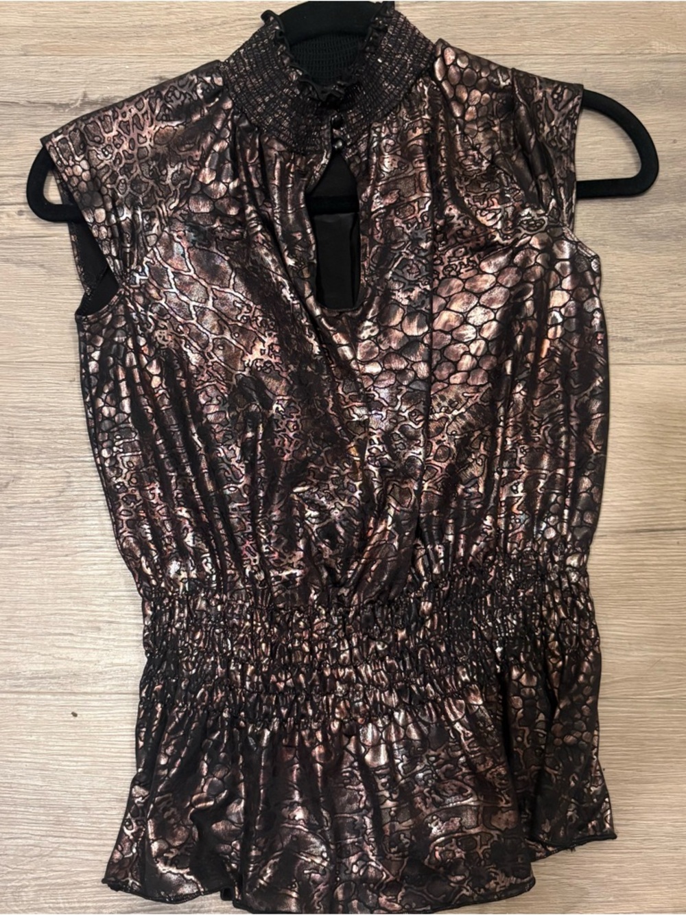 Sleeveless Metallic Snake-Print Peplum Top in Bronze